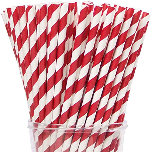 Webake Paper Straws Biodegradable Bulk 200 Red Striped Drinking Straws, Great Alternative Disposable Straws to Plastic Straws Eco Friendly Straw for Valentine's Day Party, Cake Pop Sticks
